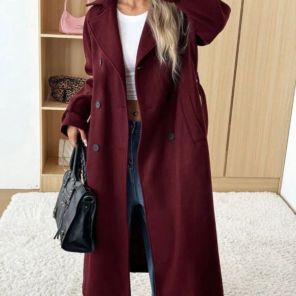 Burgundy Casual Women's Ancora Red Stand Collar Double Breasted Wool Blend Coat - Picture 5 of 7